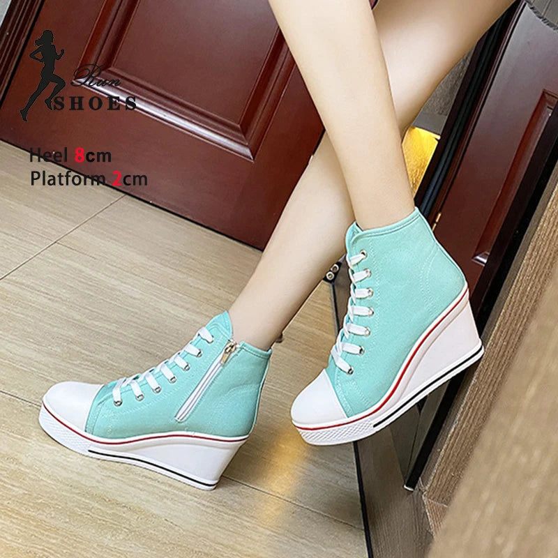 Women's Canvas Sneakers Spring Autumn Lace-up Platform Shoes Women's High Platform Casual Shoes Zapatillas Mujer Chaussure Femme