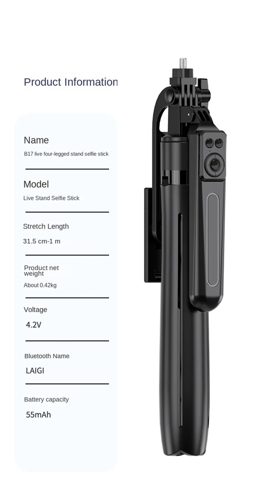 Roreta — Perche à Selfie Trépied 1.8m Télécommande Bluetooth iPhone & Android