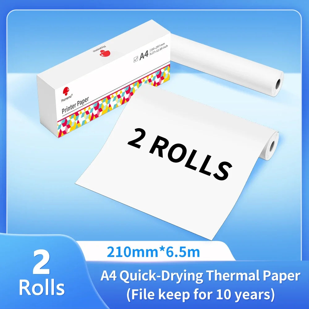 Phomemo A4 impresora térmica papel carta, papel continuo de secado rápido apto para impresora portátil M832/M833/M834/M835, 2 rollos