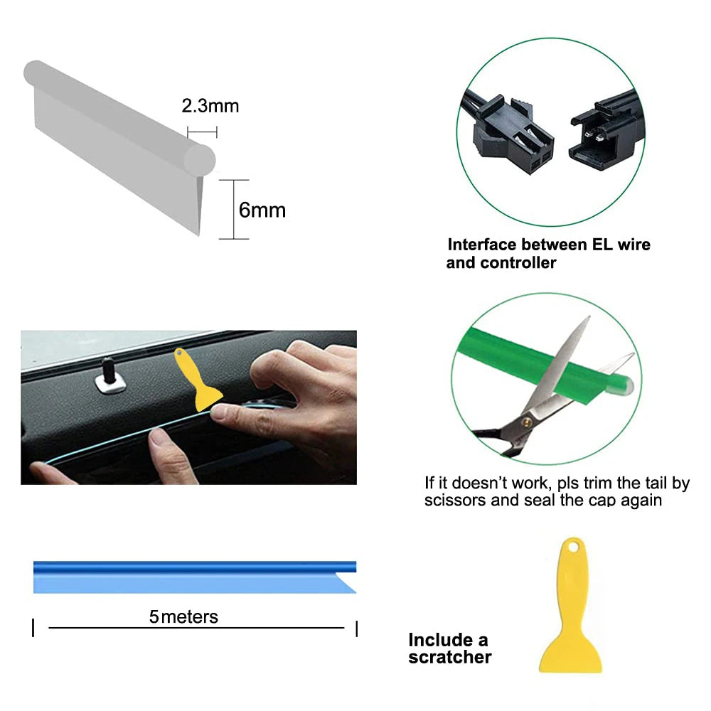 Car Interior LED Strip Light Neon EL Wire Auto Decorative Lamp DIY Flexible Ambient Light USB Party Stops Diode 5m
