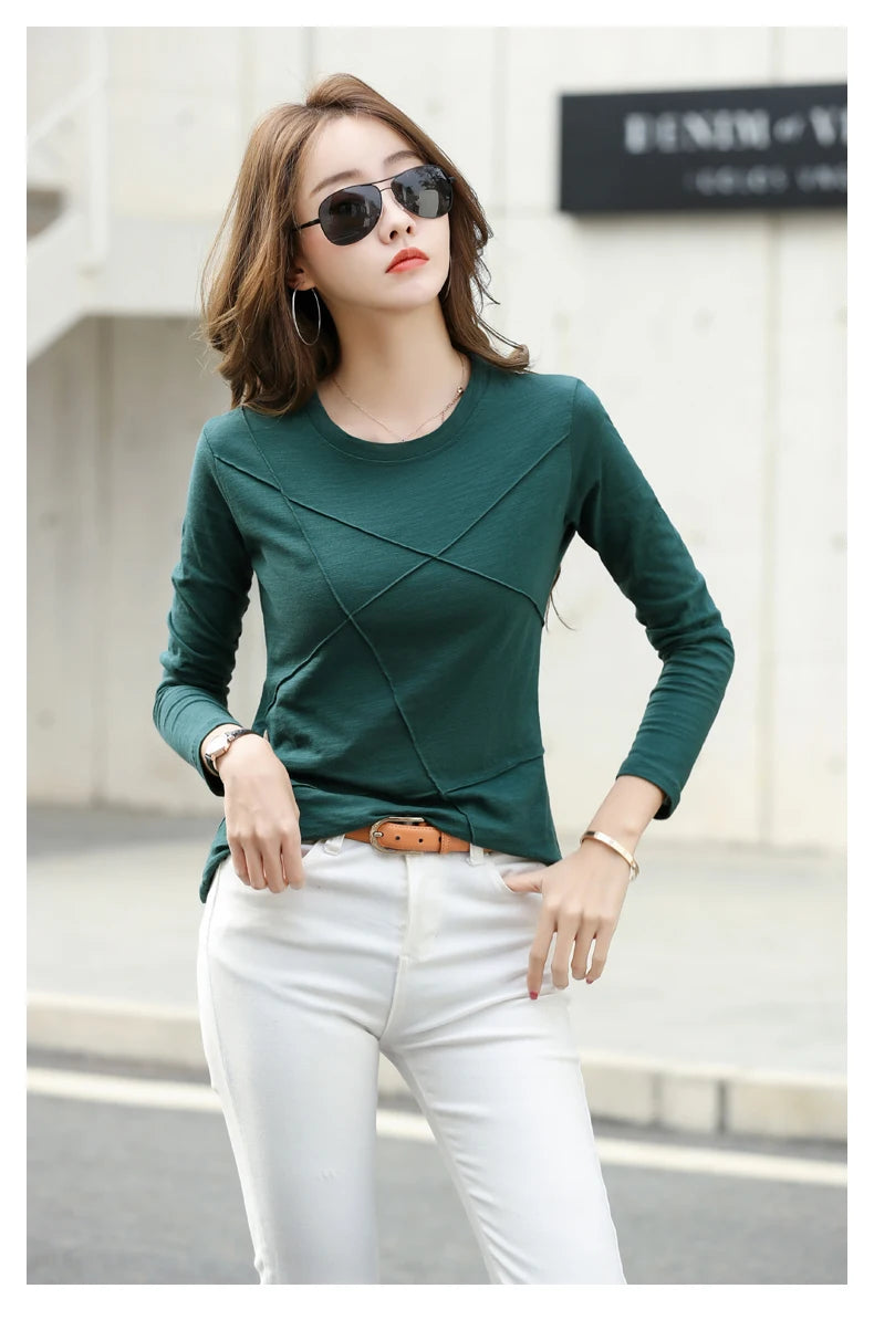 2026 printemps à manches longues femmes col rond bambou coton T-Shirt élégant ample côtelé mode T-Shirt dames Simple hauts