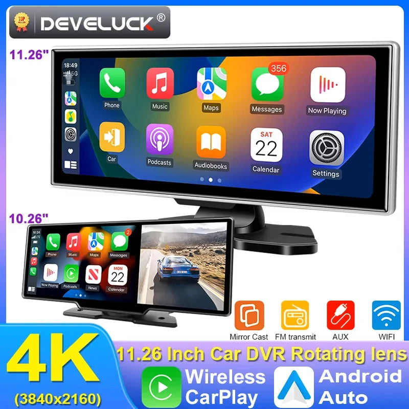 10/11.26 pulgadas Dash Cam 4K coche DVR inalámbrico Carplay y Android Auto GPS Navegación grabadora de vídeo de salpicadero doble lente Wifi FM AUX