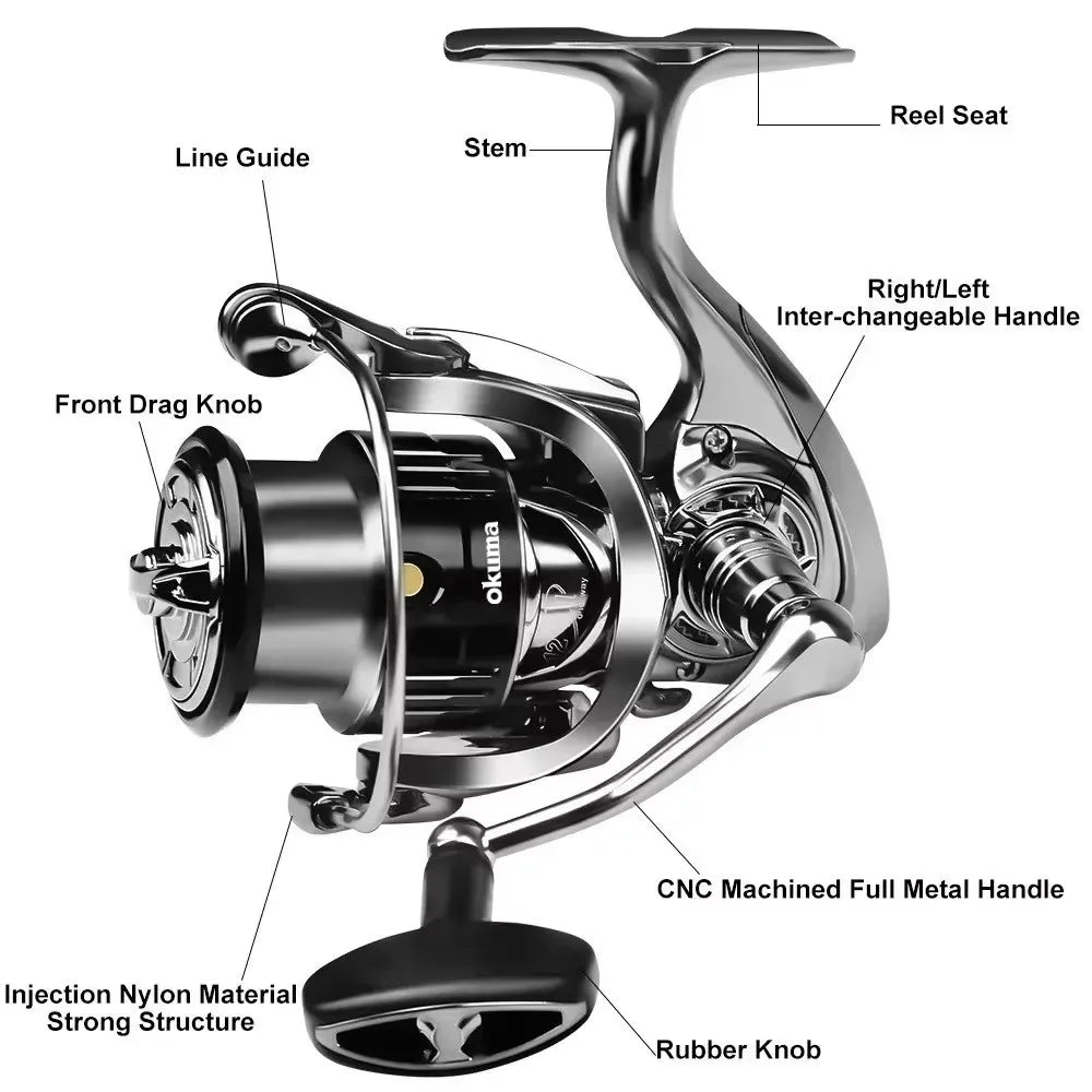 OKUMA-Moulinet spinning original en métal, adapté à toutes les espèces de poissons, adapté à l'eau salée et l'eau douce