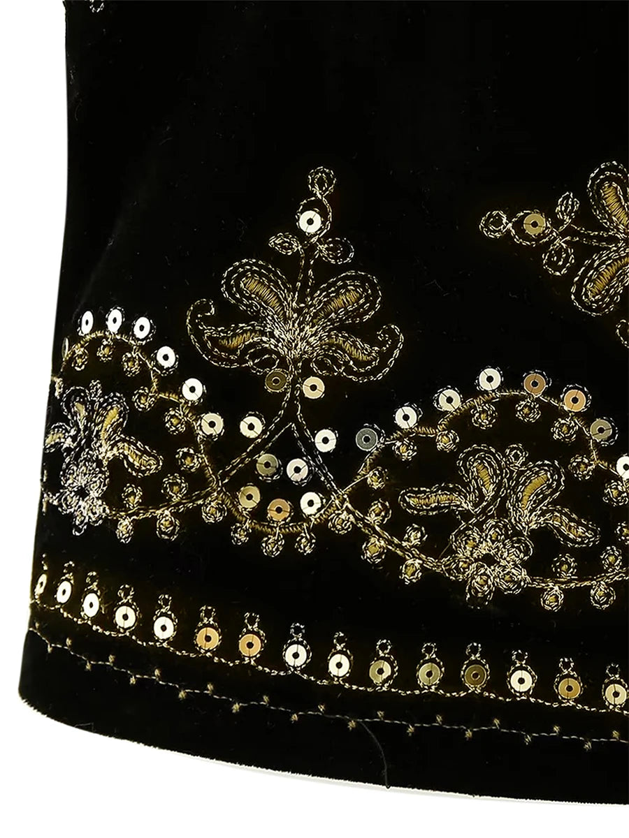 Chaleco bordado negro Vintage con estampado Floral para mujer, sin mangas, frente abierto, corto, versátil, ropa de abrigo y2k, cárdigan Boho corto
