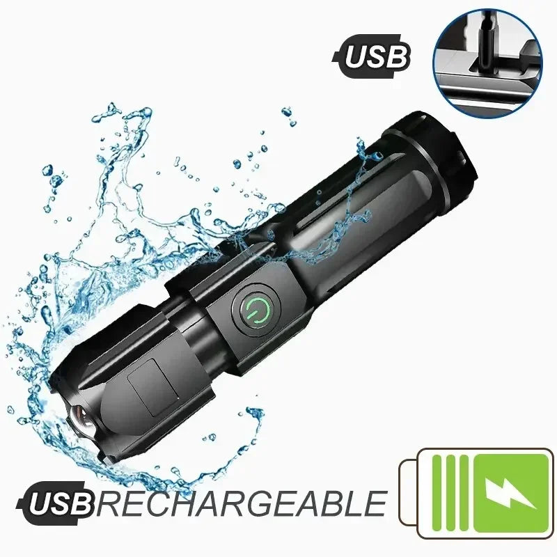 Lampe de poche LED puissante, Rechargeable par USB, batterie au Lithium intégrée, étanche, Zoom, pêche, chasse, Camping, lampe de poche tactique