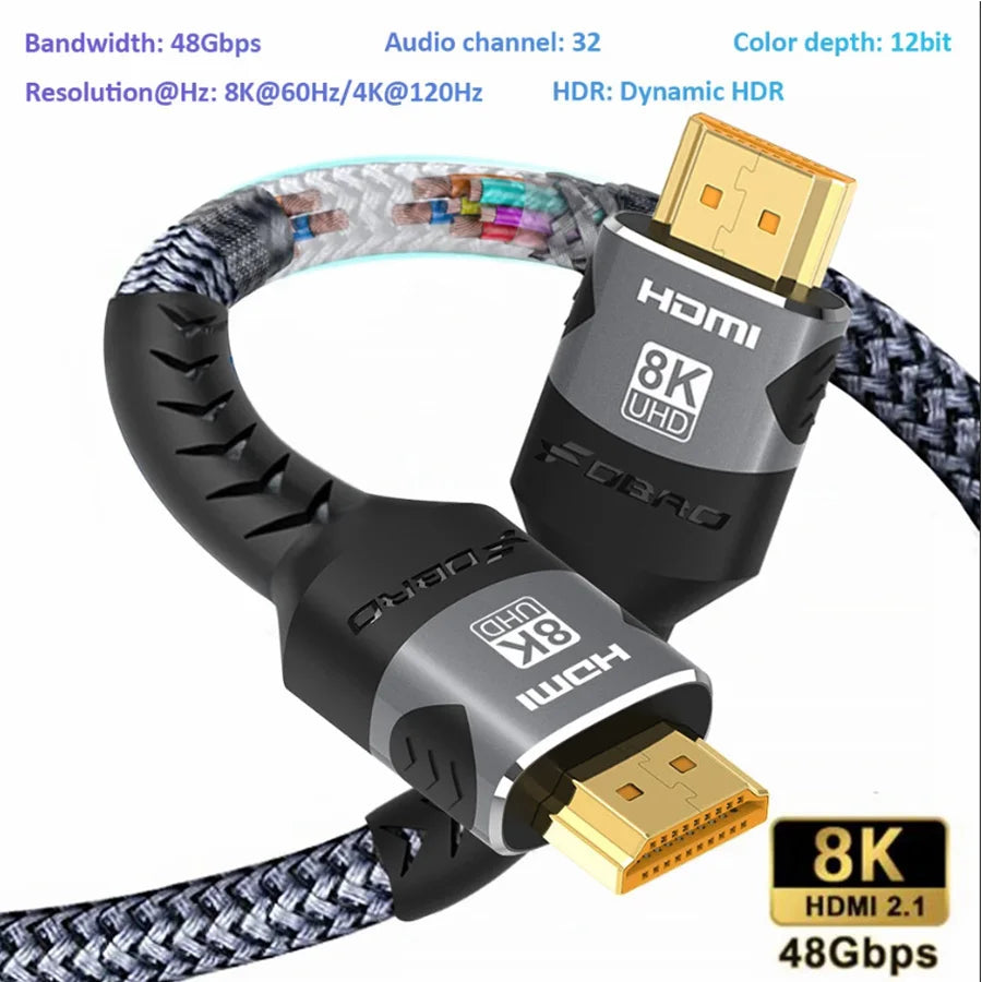 Cable HDMI 8K 2.1 48Gbps, cordón trenzado HDMI de alta velocidad - 4K @ 120Hz 8K @ 60Hz, DTS:X, HDCP 2.2 y 2.3, HDR 10 compatible para ordenador portátil/PS5