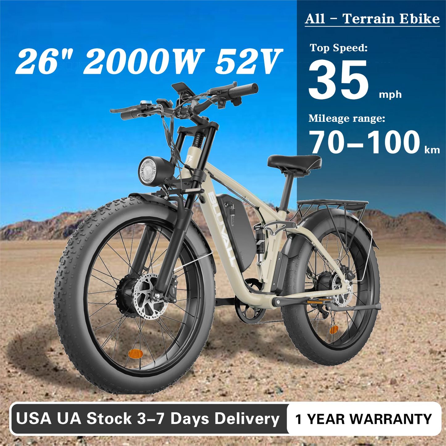 Vélo Électrique Tout-Terrain 2000W 52V 22,4Ah — Pneus Larges Étanche Neige Plage