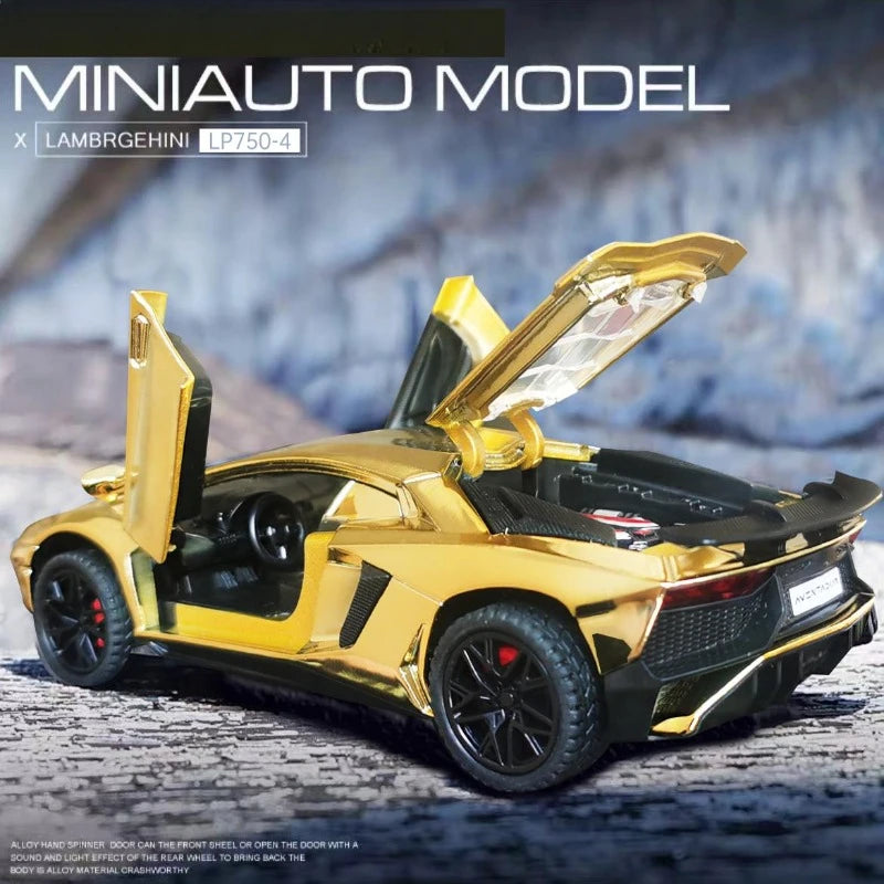 Modelo a escala de Lamborghini SVJ LP750 para niño, superdeportivo de juguete con sonido y luces, vehículo de fundición a presión, escala 1:32