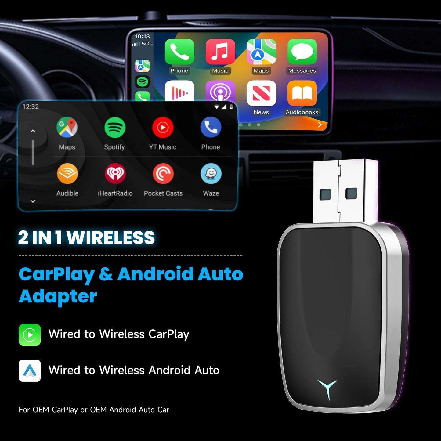 2-in-1 Wired to Wireless CarPlay and Wireless Android Auto Adapter Plug & Play