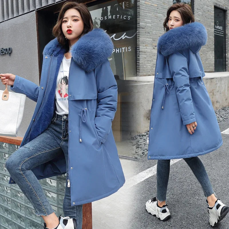 Parka d'hiver 2024 nouvelles femmes veste vêtements manteau Long doublure en laine à capuche col de fourrure épais chaud vêtements de neige mode Parka