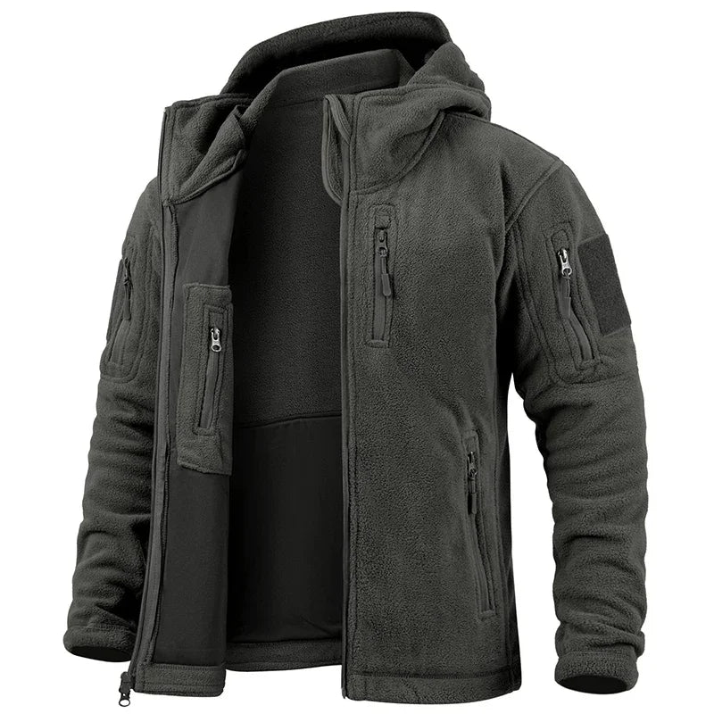 Veste polaire de chasse pour hommes, veste tactique polaire d'extérieur, randonnée, chasse, hiver, chaud, fermeture éclair complète, sweat à capuche militaire multi-poches