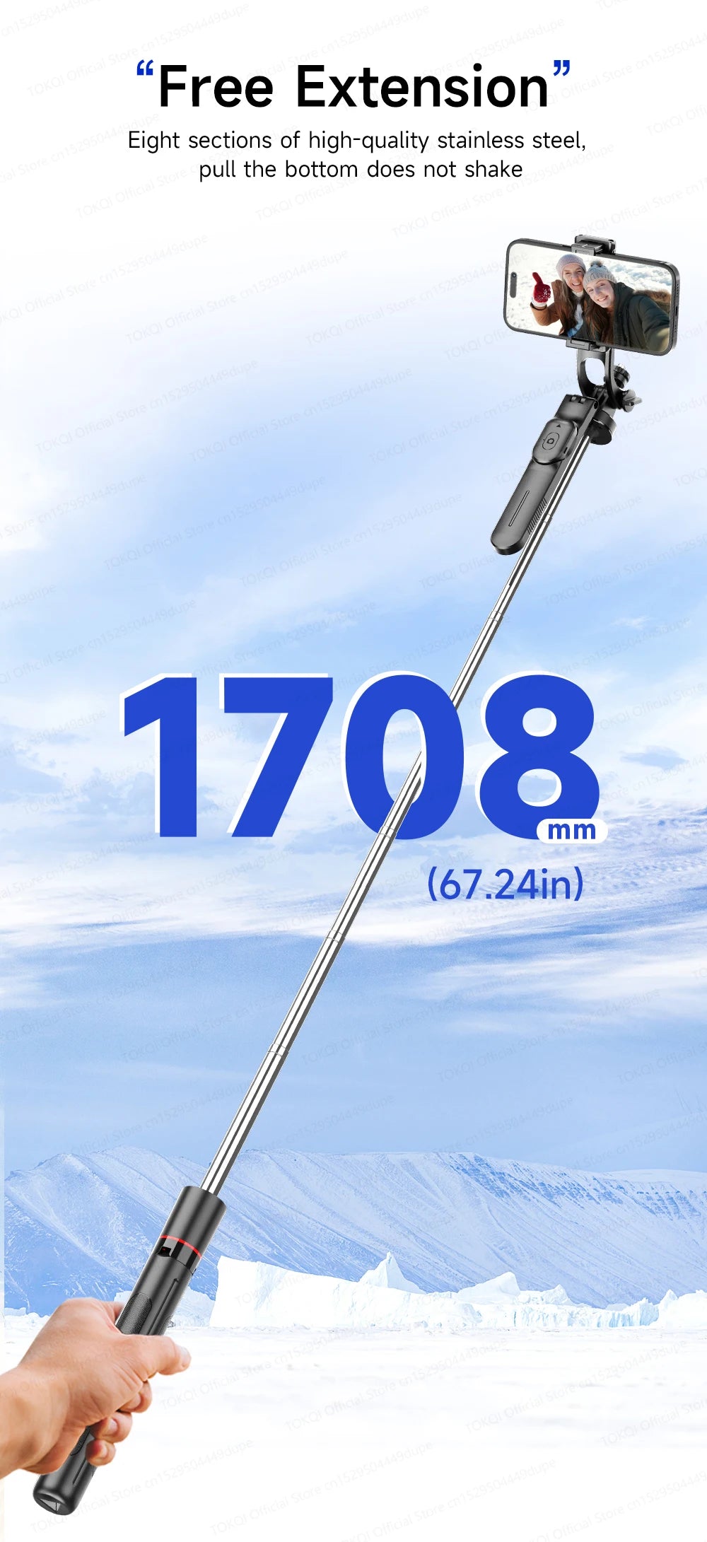 TOKQI — Bâton Selfie Extensible 360° Télécommande Bluetooth & Lumière Optionnelle