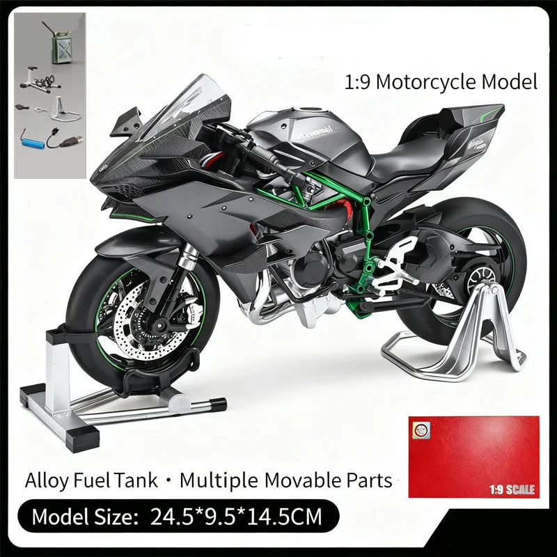 Modèle moto de course en alliage 1:9 — démarrage clé, moulé sous pression, son, lumière, pulvérisation, jouet enfant, cadeau
