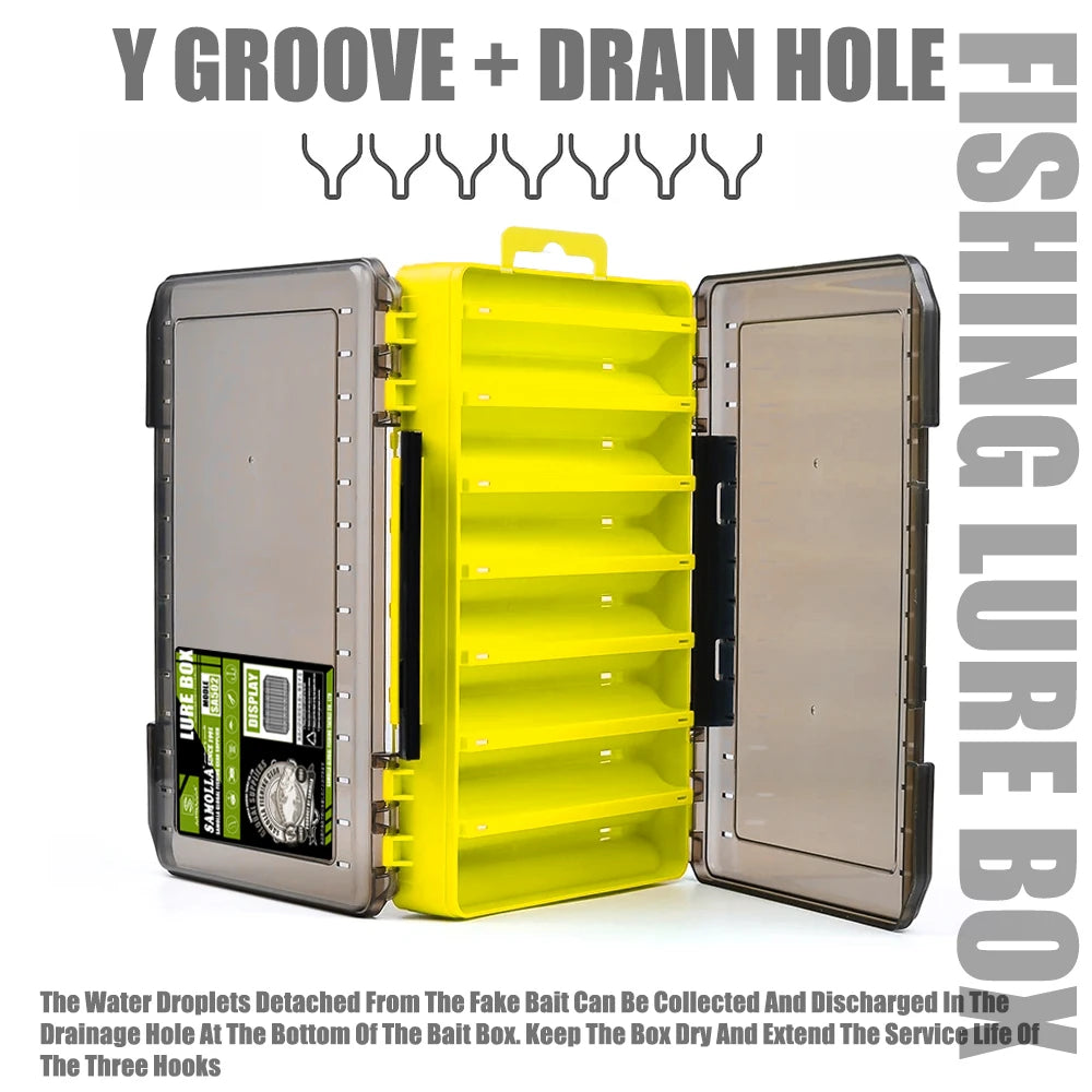 Caja de aparejos de pesca con 14 compartimentos, accesorios de pesca, estuche de almacenamiento para anzuelos de señuelo, cajas de almacenamiento de herramientas de pesca de doble cara