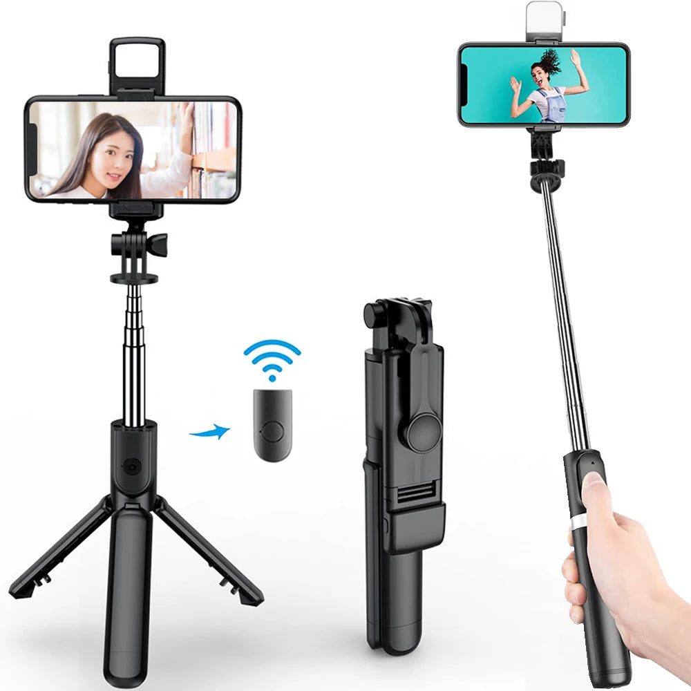 Trípode selfie Bluetooth inalámbrico 3 en 1, con obturador de luz de relleno, control remoto, monopie plegable portátil para iPhone smartphone