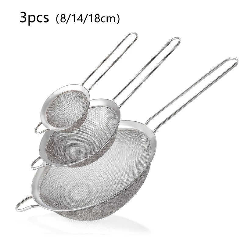Juego de coladores de aceite de alambre de acero inoxidable, tamices de malla fina, colador de harina, espectaculares herramientas para hornear, accesorios de cocina, 1 pieza, 3 piezas, 4 piezas