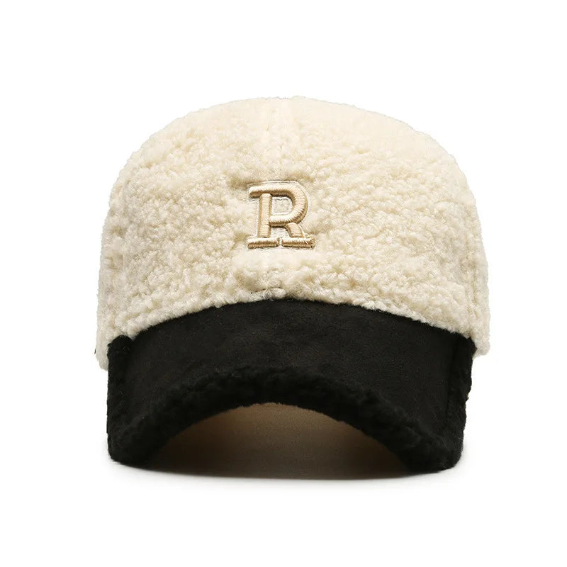 Trendy White and Brown Winter Baseball Caps for Men, Lambswool Luxury Hats for Women, Outdoor Windproof Golf Hat, Men's Cap