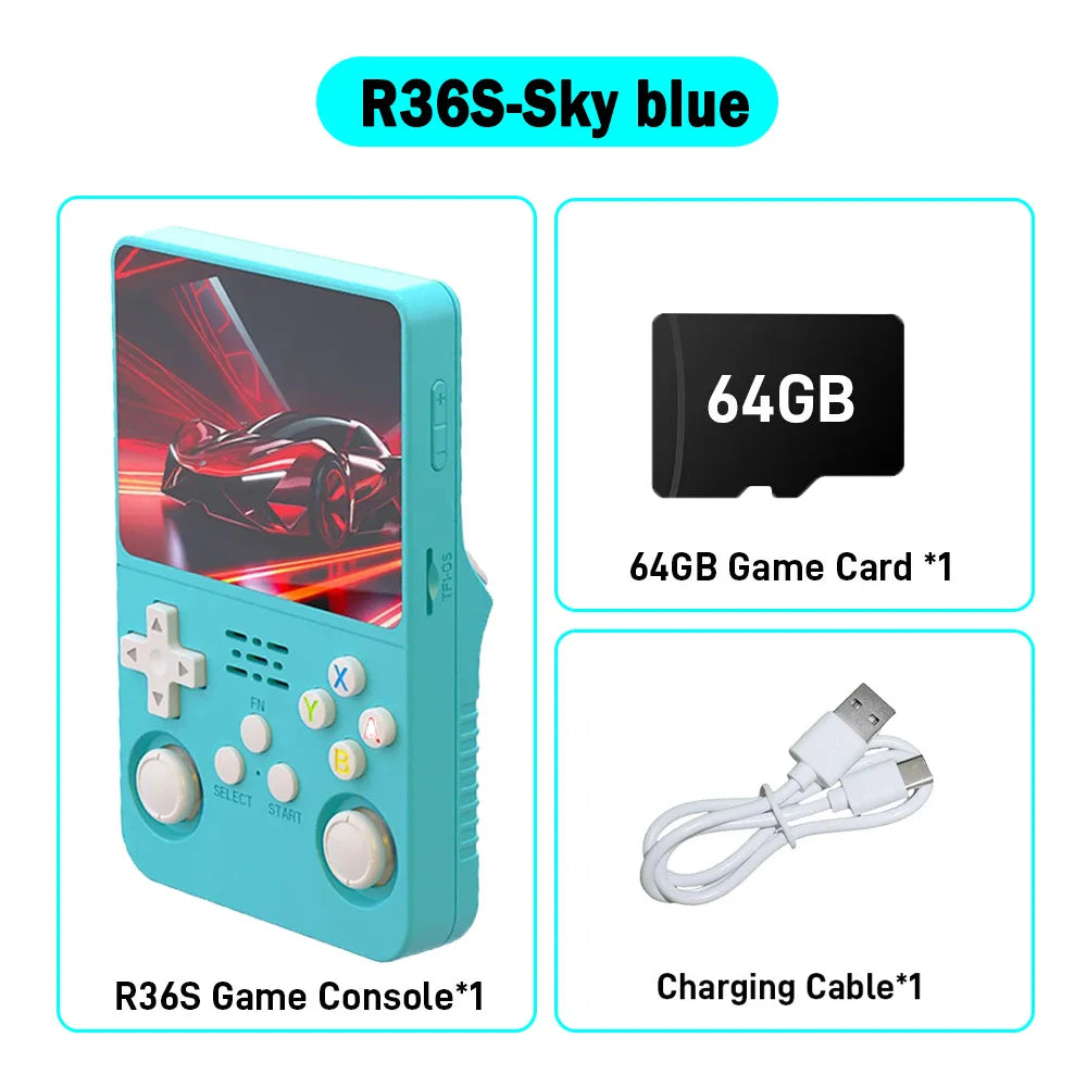 R36S ARKOS Consola de videojuegos portátil retro de 3,5 pulgadas IPS con múltiples colores disponibles, pantalla de reproductor portátil, 64GB de juegos