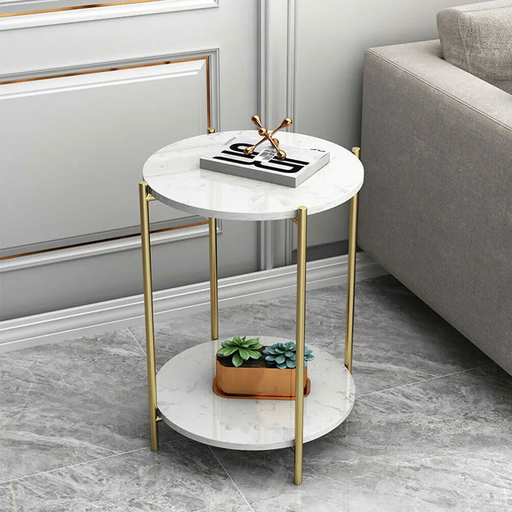 LUVODI Mesas auxiliares redondas de 2 niveles para sofá, soporte para plantas con estante de almacenamiento, estructura de metal para sala de estar y dormitorio