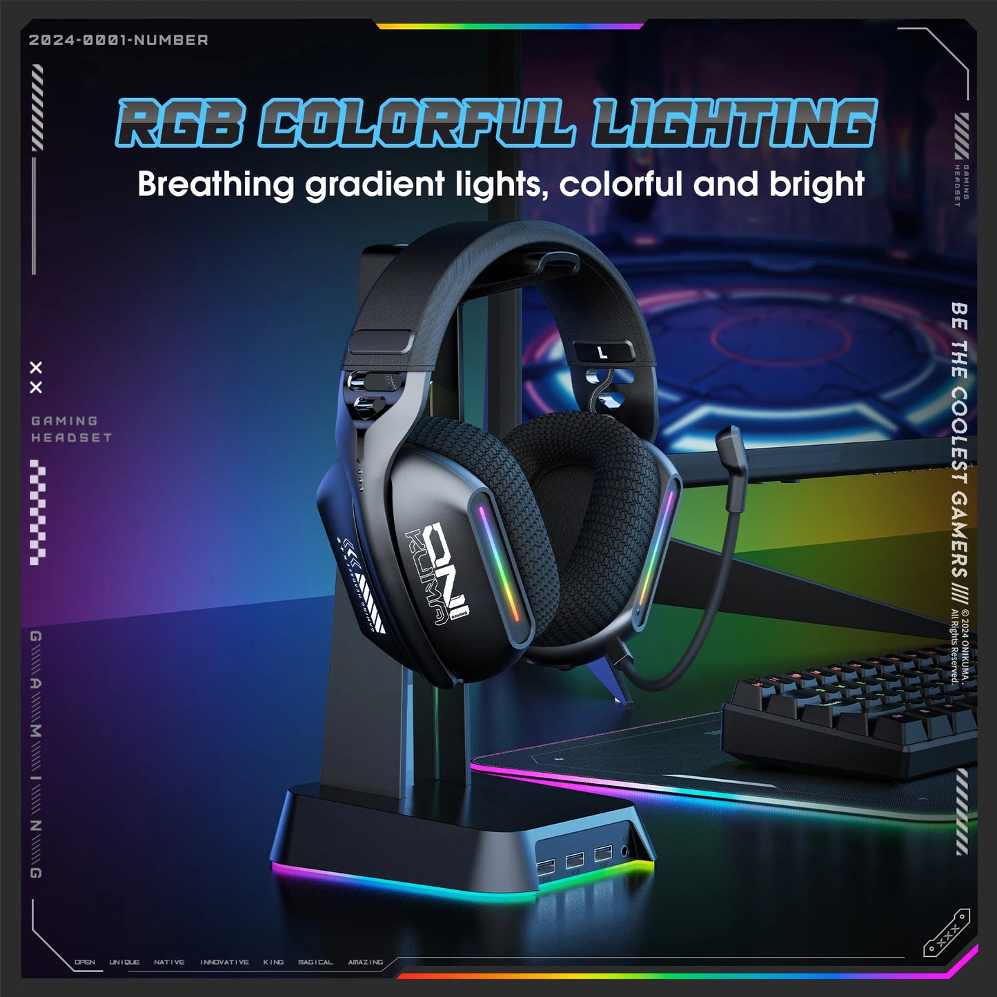 Onikuma Gt808 Three-Mode Wireless E-sports Gaming Headset with Microphone, RGB Lighting, Supports Bluetooth 5.3 / 2.4g / Aux 3.5mm