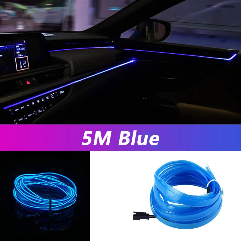 Car Interior LED Strip Light Neon EL Wire Auto Decorative Lamp DIY Flexible Ambient Light USB Party Stops Diode 5m