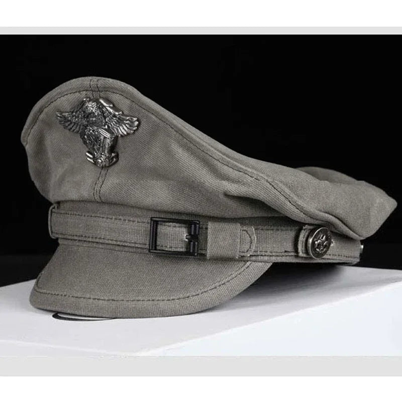 Retro Sailor Visor Cap for Men and Women, Canvas Spring Military Hat, Gray Eagle Belt, Locomotive Cap, 2024
