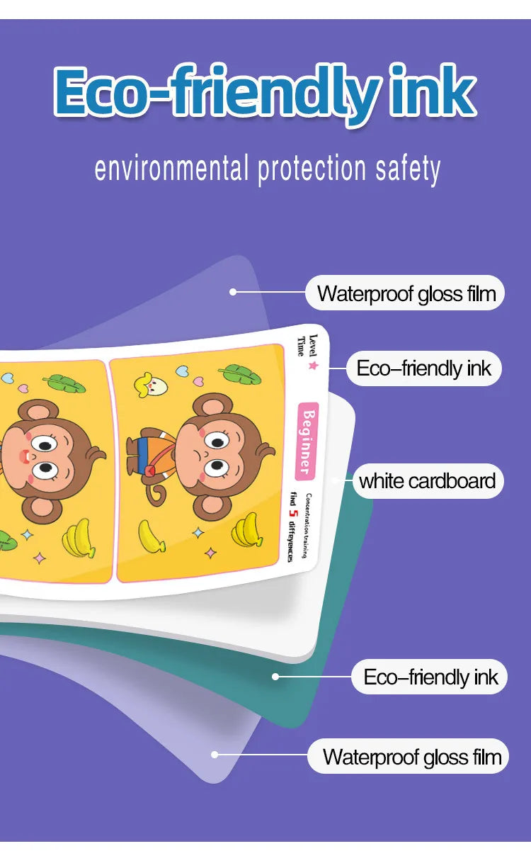 Juego de cartas educativo y reutilizable de dibujos animados para niños Encuentra las diferencias Encuentra niveles de dificultad para entrenar la atención y la concentración