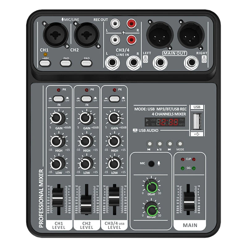 Mélangeur Audio DJ 4 Canaux USB Bluetooth — Console Mixage 48V Karaoké & Studio