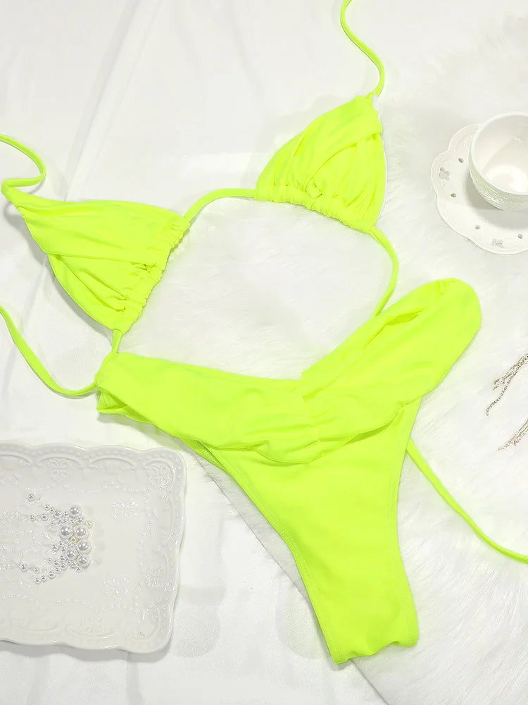 Sexy plis Bikini ensemble solide Micro Bikinis femmes maillot de bain femme Triangle maillots de bain vêtements de plage maillot de bain