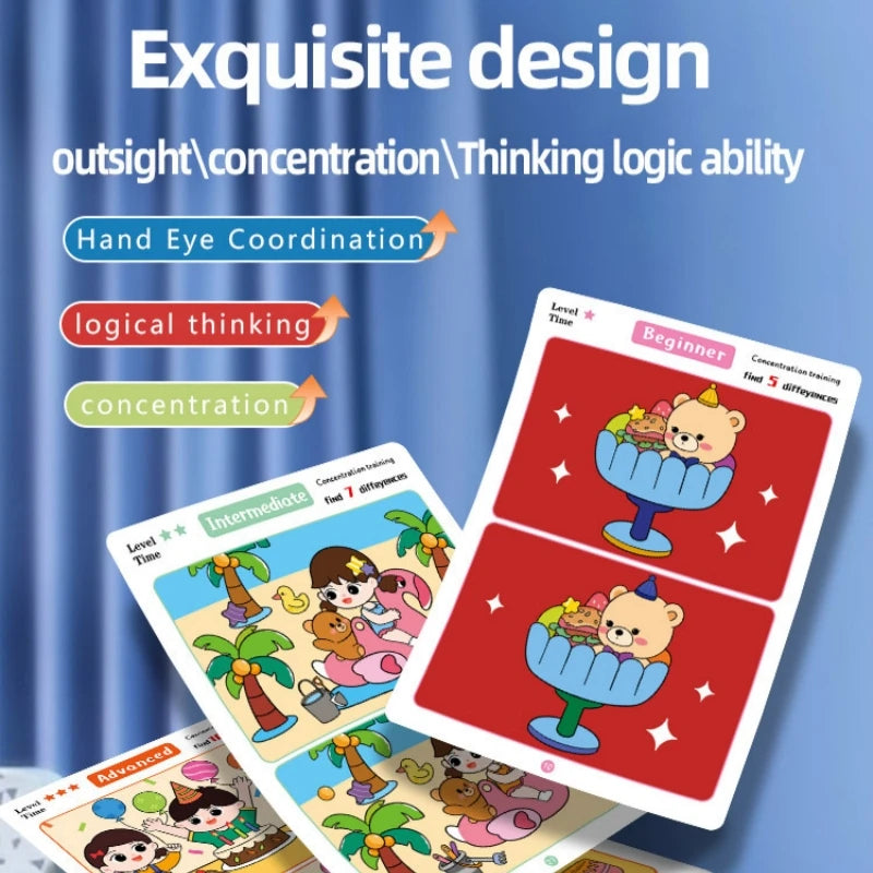 Juego de cartas educativo y reutilizable de dibujos animados para niños Encuentra las diferencias Encuentra niveles de dificultad para entrenar la atención y la concentración