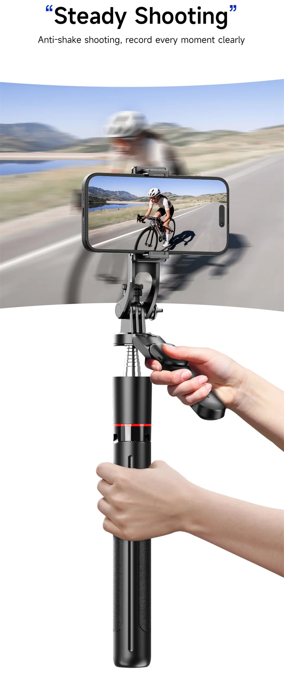 Trépied perche à selfie avec lumière de remplissage — 1708mm, télécommande Bluetooth, rotation 360°, interface 1/4