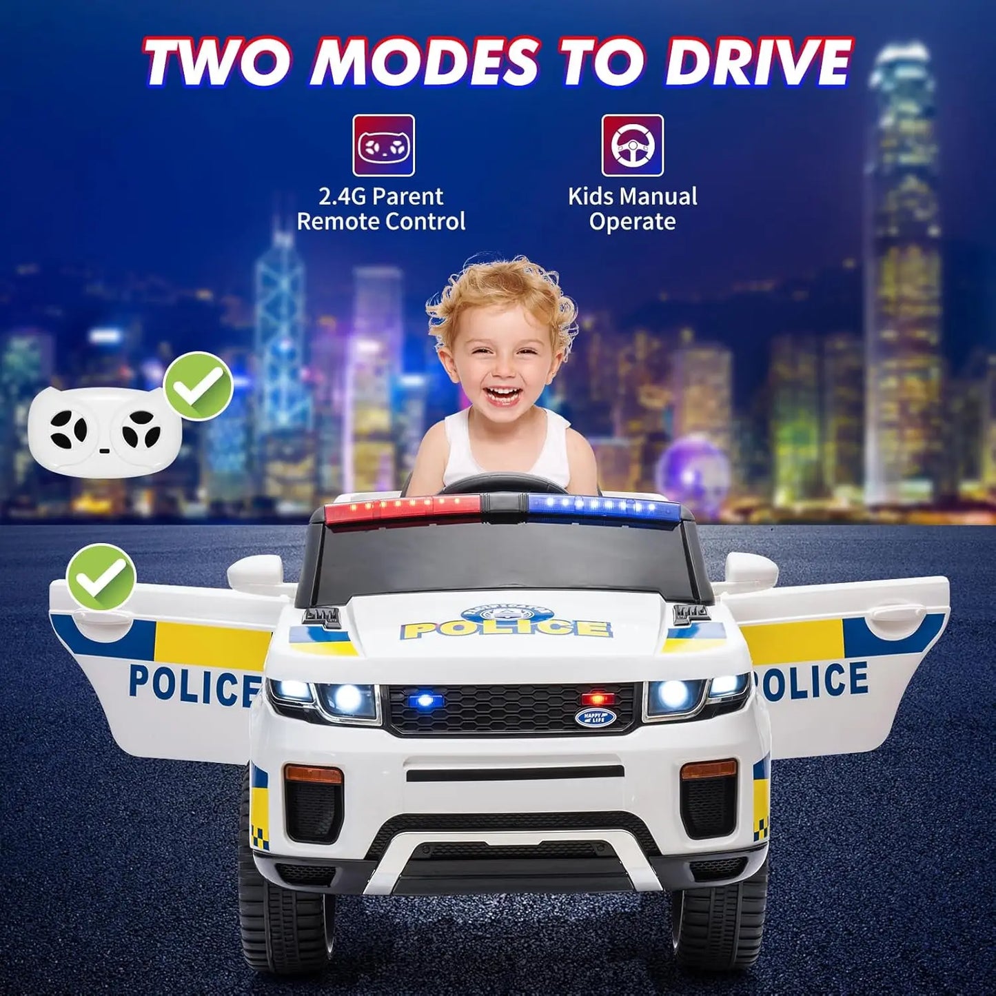 Coche para niños, vehículo eléctrico de 4 ruedas con mando a distancia, megáfono, luces intermitentes, suspensión de muelles, música