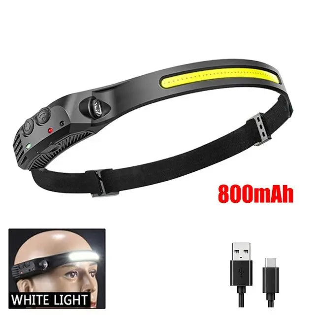 Lampe frontale de sauna à induction LED COB, batterie intégrée, lampe de poche aste USB, capteur de pêche, camping en plein air