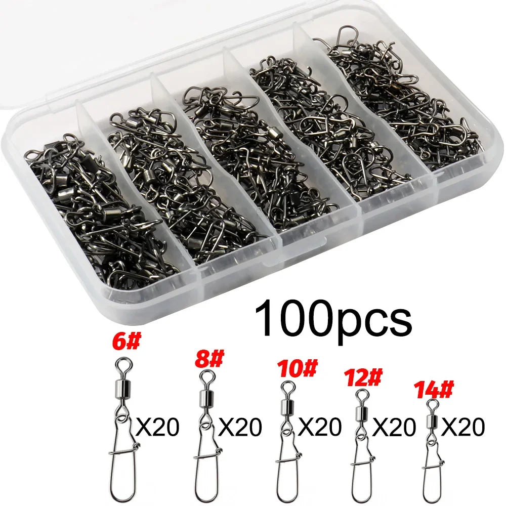 Connecteur à pression pivotant, anneau roulant, matériel de pêche, crochet à boucle, Kit de leurre, connexion de fil, 50 à 100 pièces, équipement de roulement, 100 pièces/boîte