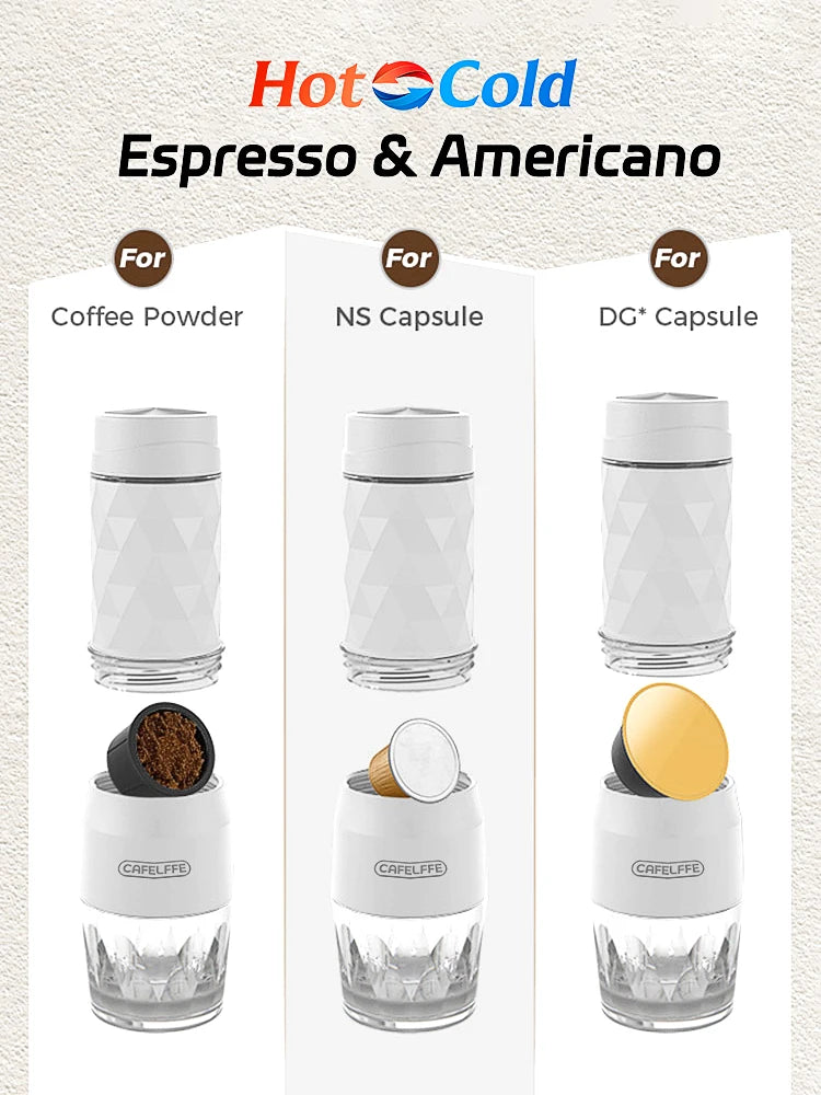Cafelffe 3 en 1 Máquina de café portátil de agua caliente/fría, cafetera manual de espresso para cápsulas y café molido, cafetera de prensa manual para senderismo y viajes