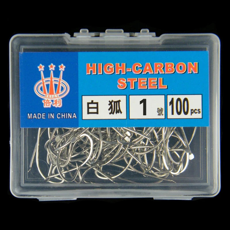 100pcs Barbed Silver High Carbon Steel Hooks for Fishing White Fox, Pelteobagrus Fulvidraco and Striped Catfish