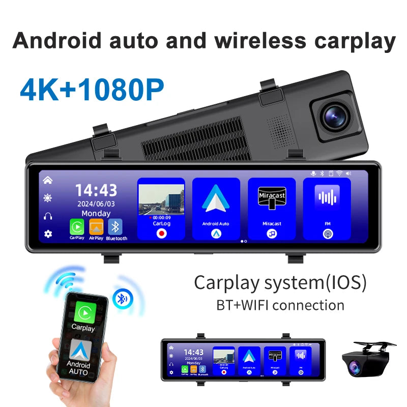 Yangood 4K Mirror Dash Cam DVR Supports Wireless Carplay and Android Auto Loop Recording 24H Parking Monitoring Dashboard Camera