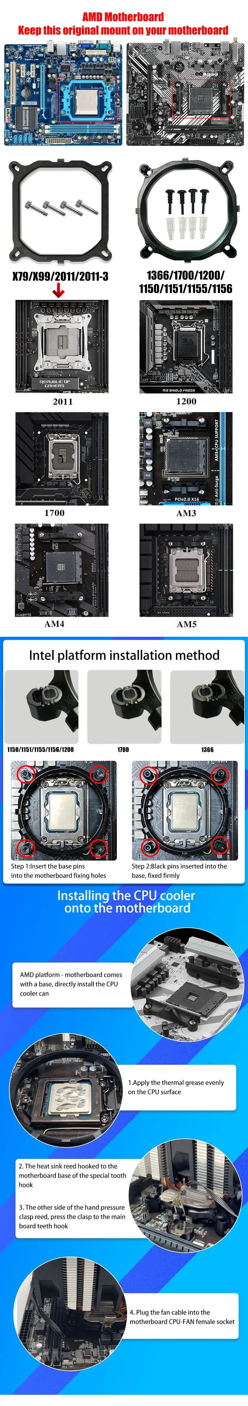 Refroidisseur de processeur 4 caloducs, 3 broches/4 broches, 120MM, accessoires PC, ventilateur pour Intel LGA 1366 1150 1151 1155 1200 1700 2011 X79 X99 AM3 AM4 AM5