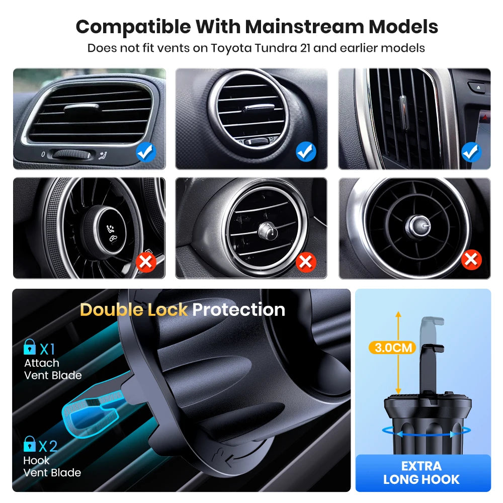 Soporte de teléfono para coche, soporte de teléfono universal de bloqueo automático mejorado TOPK con clip de gancho para rejilla de ventilación de coche para iPhone Samsung