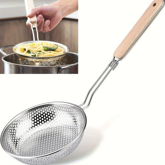 Stainless steel colander with wooden handle, fine mesh skimmer, spoon for cooking, food preparation, fat straining for pasta and noodles