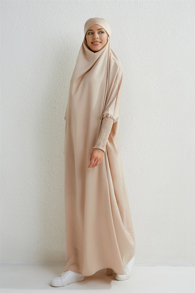 Abaya musulman à capuche manches smockées une pièce Robe de prière femmes Jilbab vêtements islamiques dubaï saoudien Robe noire modestie turque