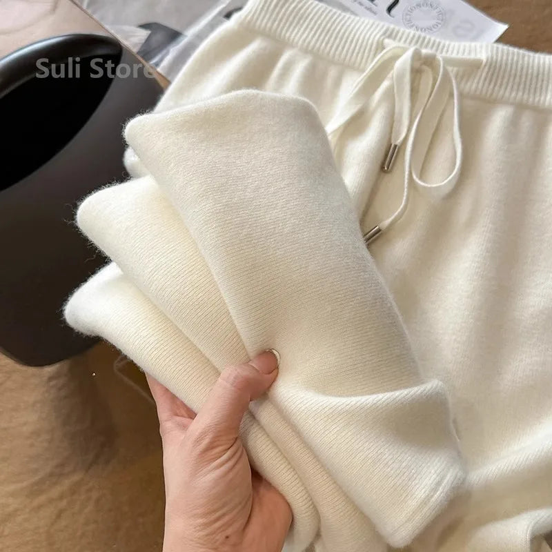 Autumn and Winter Temperament Wool High Waist Loose Wide Leg Pants Women Cloud Casual Soft Waxy Wool Straight Pants