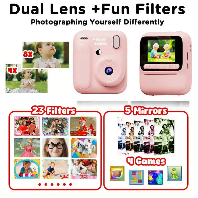 Instant Camera for Kids, Color Printing, 32GB, 1080P, Thermal Print Toy, Photo, Video Games, Music, Children's Gift
