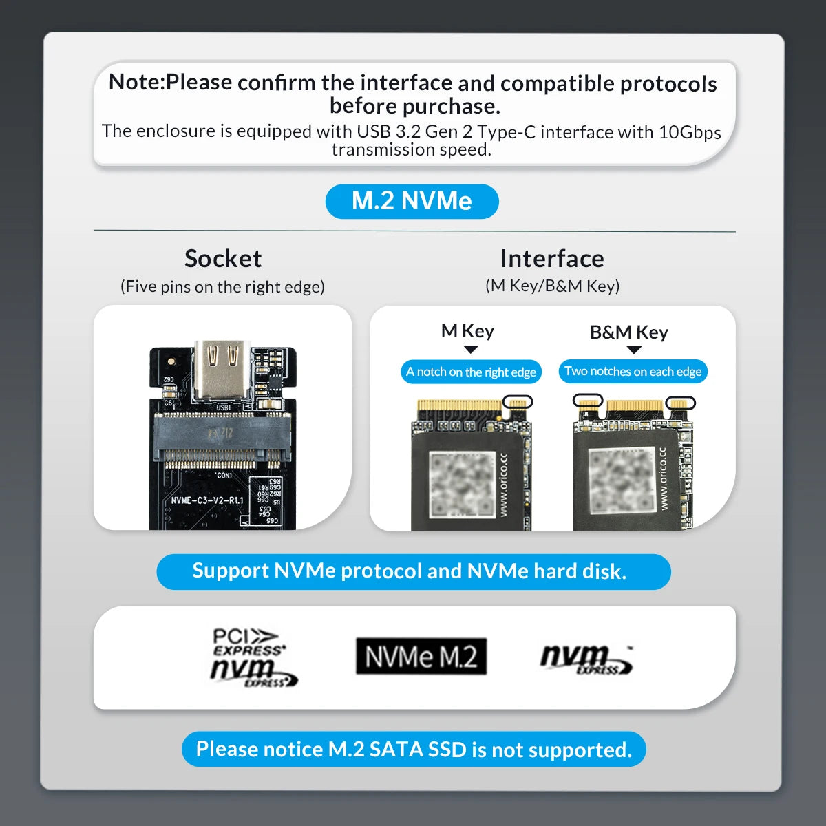 ORICO M.2 NVMe SSD boîtier 10Gbps USB 3.2 Gen2 boîtier conception Simple sans outil prise en charge UASP pour les joueurs NVMe SATA SSD