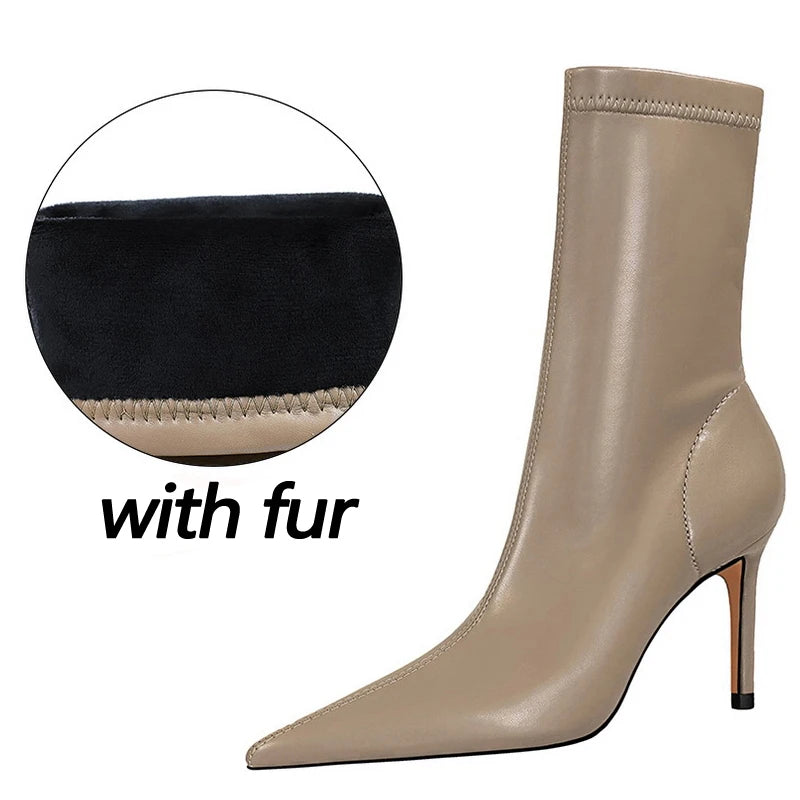 BIGTREE-Botas de piel de tacón alto para mujer, botines cortos, zapatos de tacón, otoño e invierno
