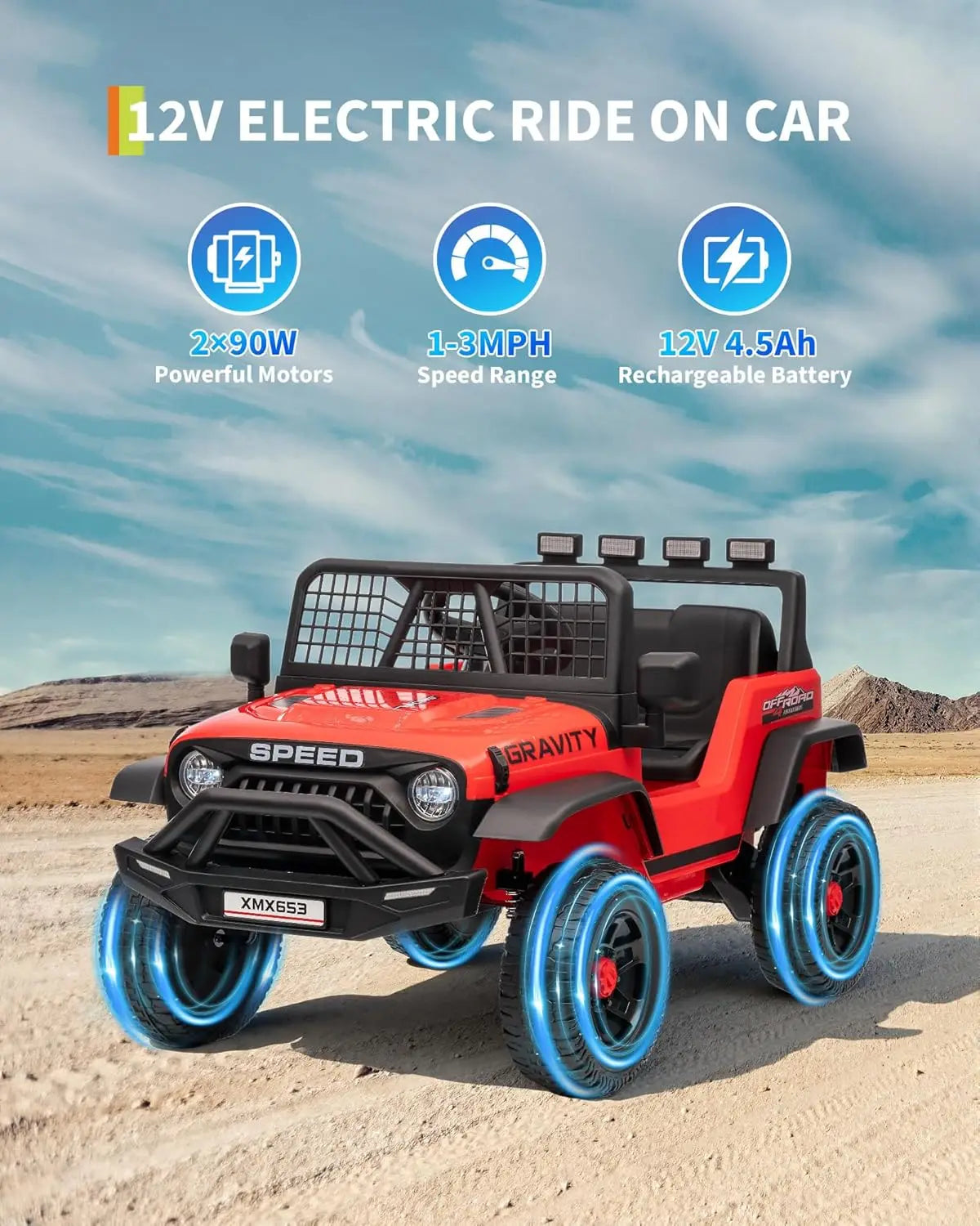 12V Kids Ride-On Truck with Remote Control, 3 Speeds, Emergency Brake, LED Lights, Music and Horn, Electric Car for Kids
