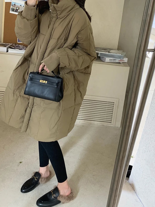 Women's Casual Cotton Winter Coat, Loose Korean Style, Mid-Length, Hong Kong Style, Trendy Outerwear