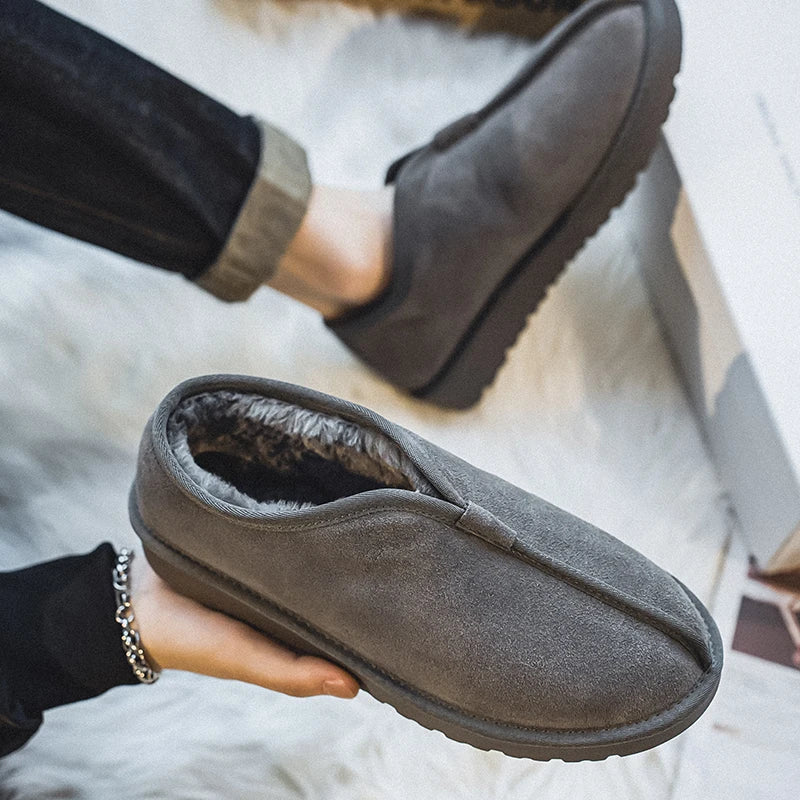 Zapatillas de piel cálidas sin cordones para hombre, botas de nieve impermeables, botas de lavado, zapatos de invierno