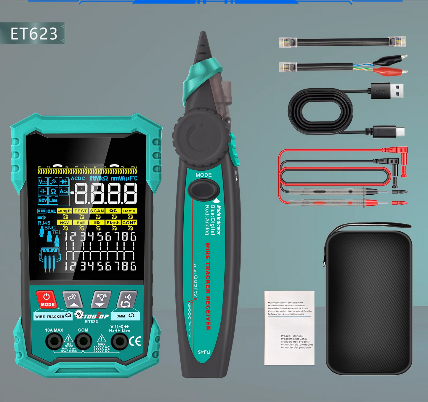 TOOLTOP – testeur de câbles réseau multifonctionnel de 3.2 pouces, 400M, Test POE, cartographie de câbles LAN, multimètre, outil de suivi de ligne téléphonique NCV