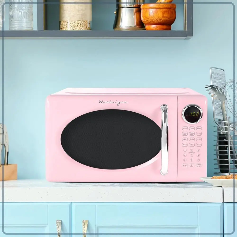 0.7 cu. ft. 700 W Compact Microwave with Glass Turntable, Child Lock, 8 Automatic Cooking Programs, Digital Clock - Pink